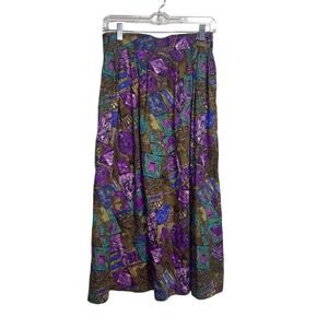 Katie Brooke Olive Green Purple Midi Skirt Vintage Small Lagenlook Bohemian Boho